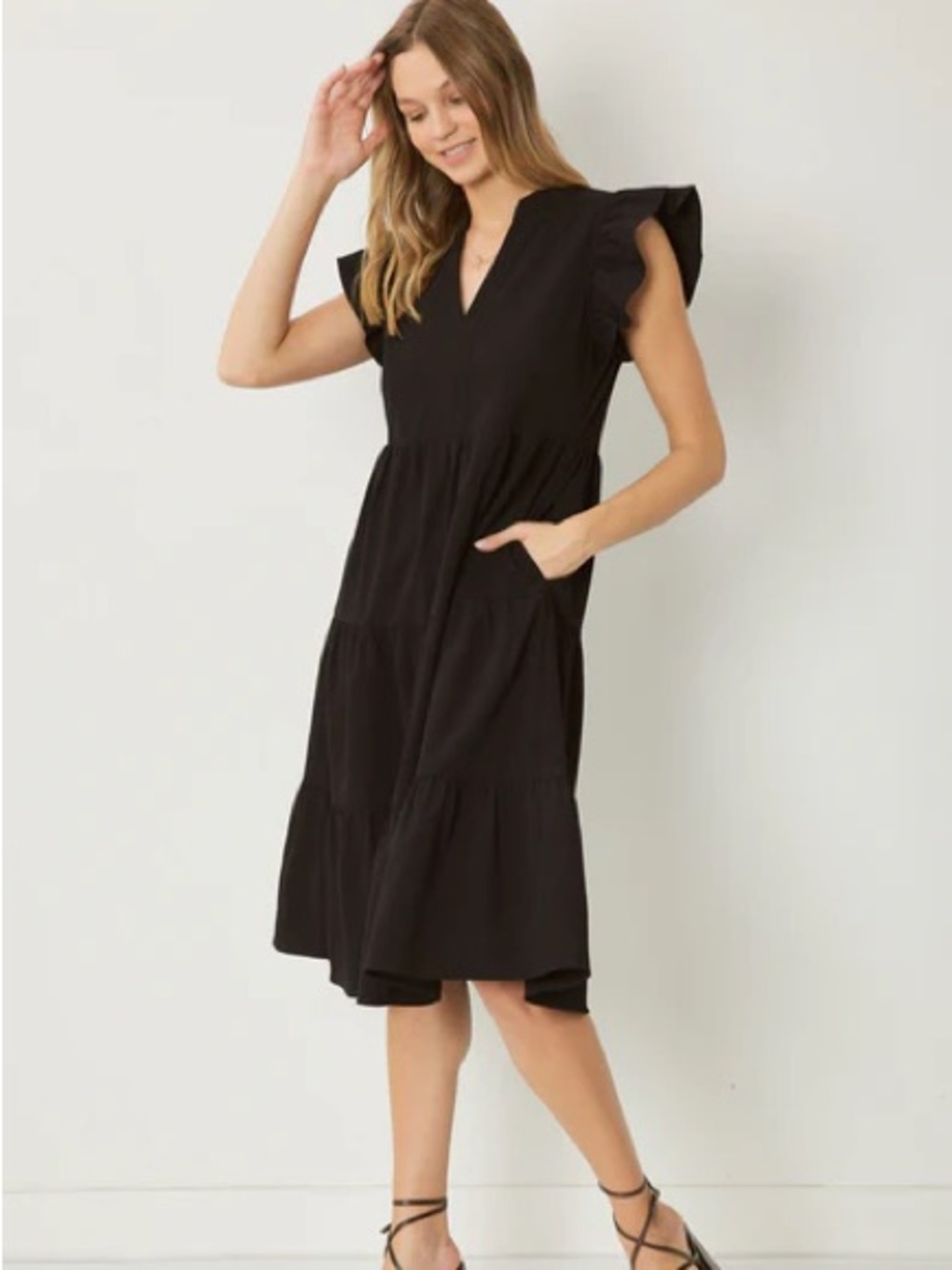 Entro Black Tiered Babydoll Midi Dress Flutter Sleeve Women's Size S POCKETS